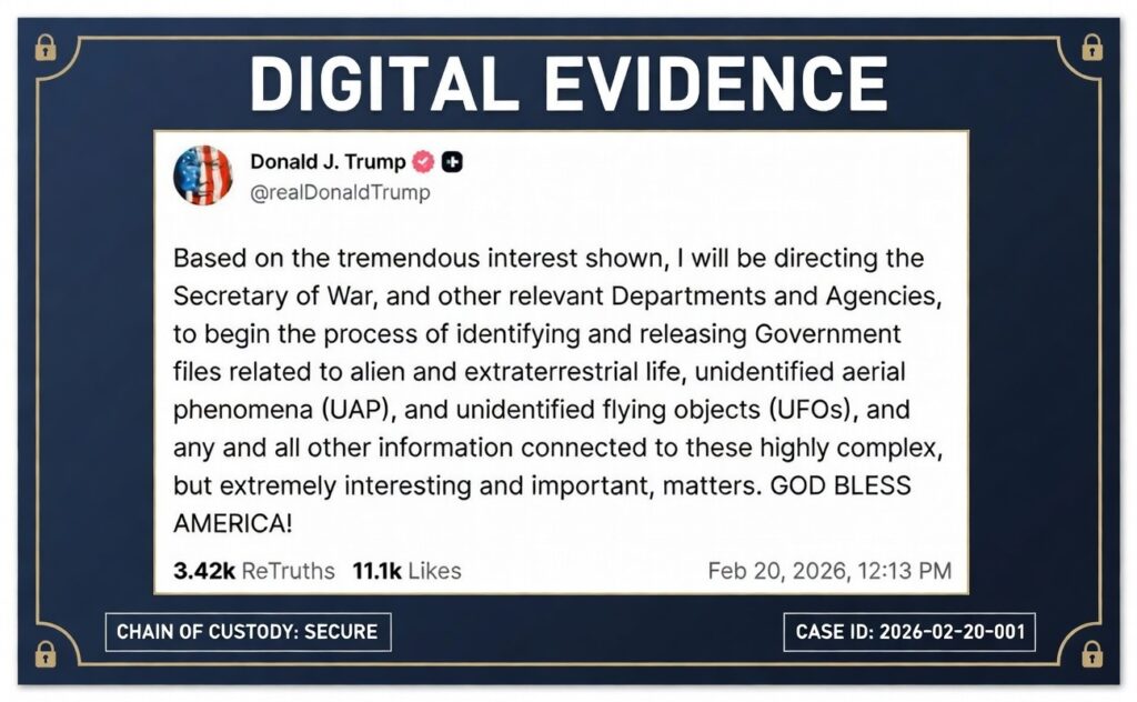 The primary evidence frame for the Trump UAP Executive Order released in February 2026.