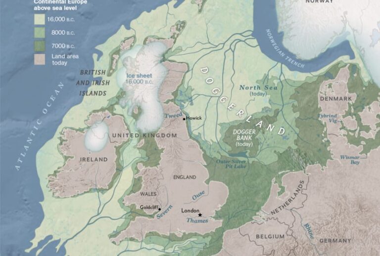 Doggerland Discovery 2026 map showing the extent of the submerged North Sea landmass.