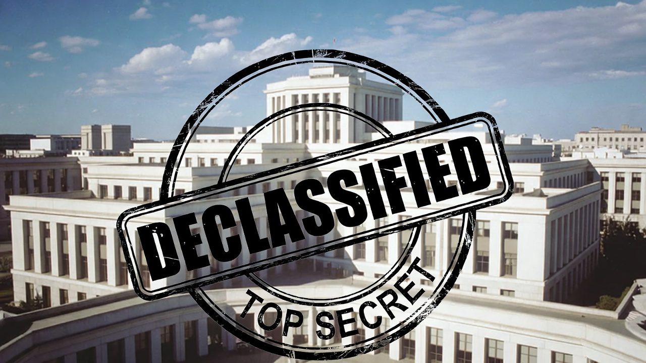 A high-contrast, desaturated photo of the White House with a red DECLASSIFIED stamp overlay for the Trump UAP Executive Order.