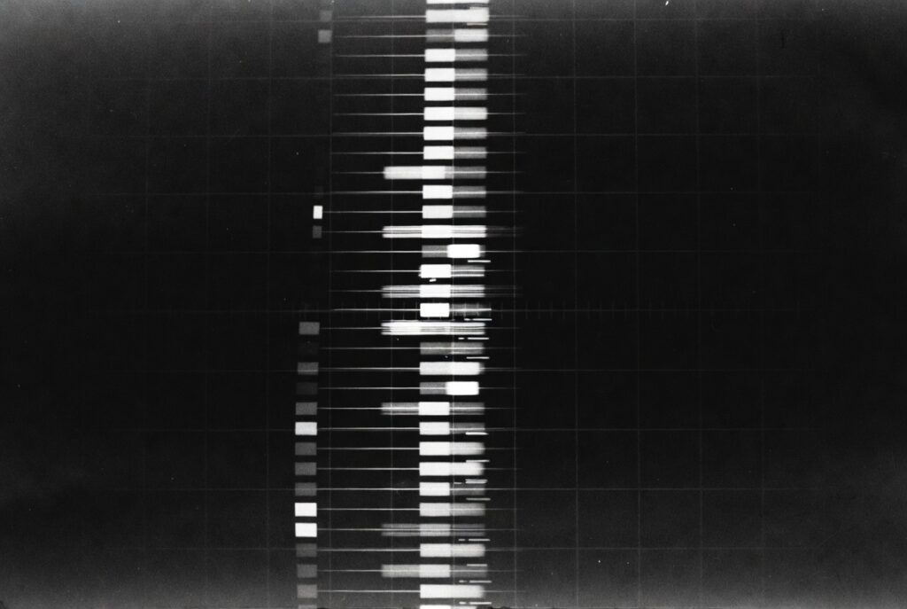 A black-and-white digital display showing a glowing vertical barcode pattern representing a genetic sequence against a dark grid.