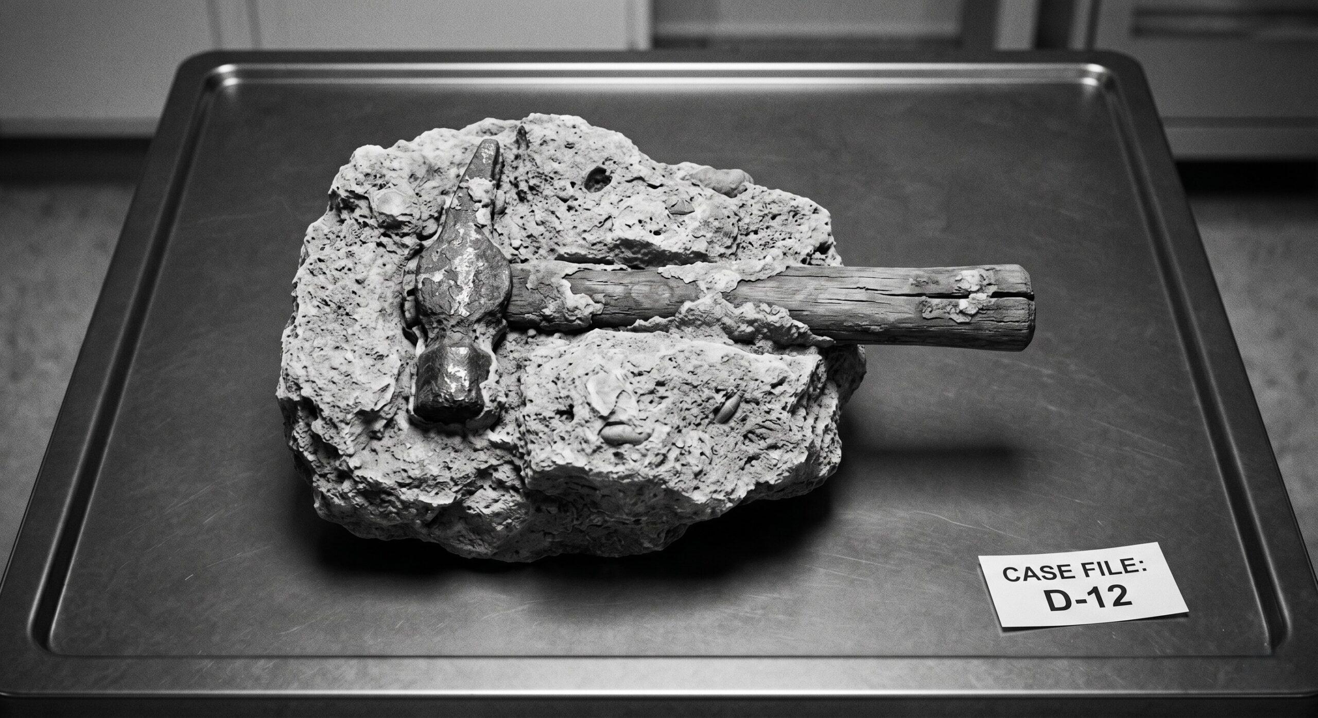 Forensic recreation of the London Hammer 2026 anomaly encased in Cretaceous limestone on a metal examination table.