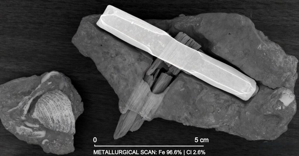 Industrial X-ray radiograph revealing the 96.6 percent iron density of the London Hammer 2026 artifact inside the rock.