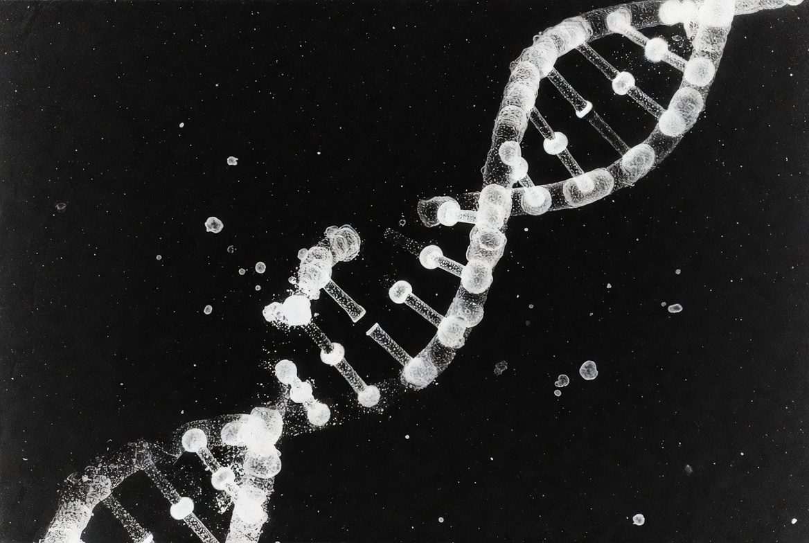 Mothman eDNA testing: A high-contrast, black-and-white X-ray style diagram of a glowing DNA double helix structure against a pitch-black background with heavy film grain.
