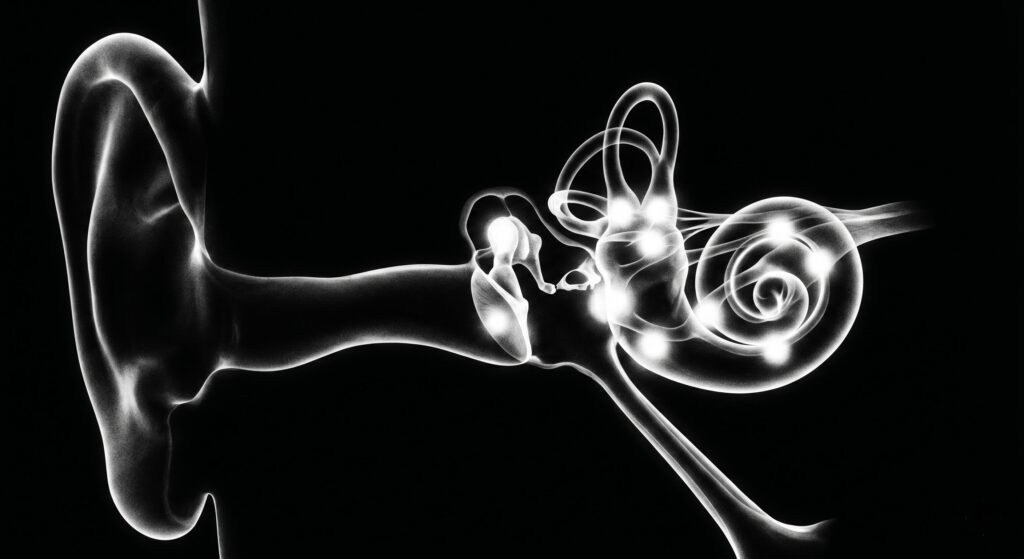 Clinical diagram of the human inner ear highlighting otoacoustic emissions which mimic The Worldwide Hum.