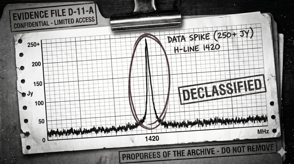 Black and white 1970s radio astronomy spectrograph displaying a massive 250-Jansky data spike at the 1420 MHz hydrogen line.