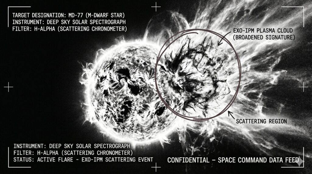 Classified satellite surveillance feed showing a violent burst of plasma and solar wind from a red dwarf star, illustrating Exo-IPM scattering.