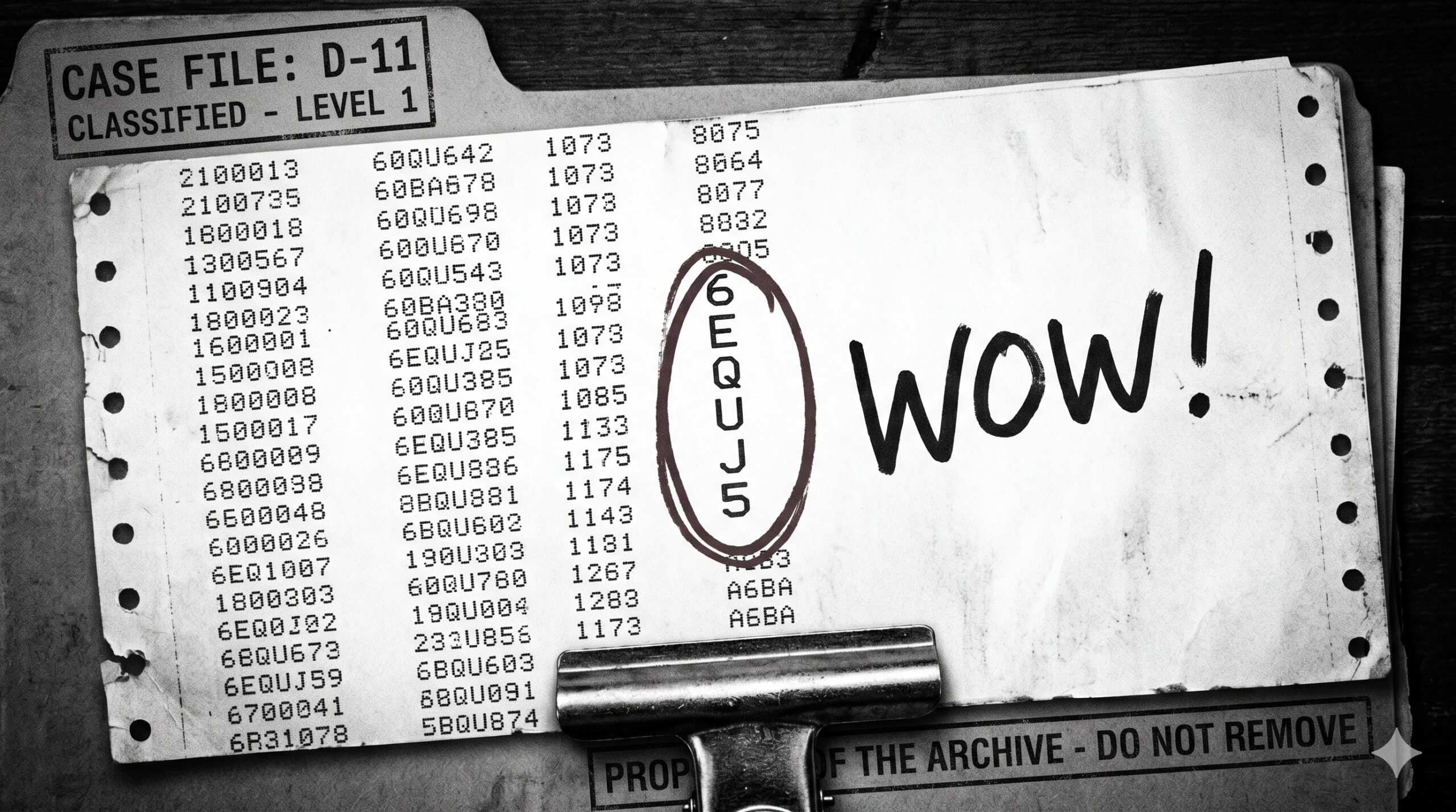 Declassified 1977 computer printout showing the 6EQUJ5 sequence circled with the word WOW, analyzed in the Wow Signal 2026 reassessment.